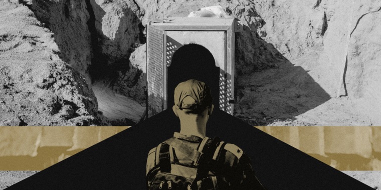 Collage of back of IDF soldier and  the entrance of a tunnel