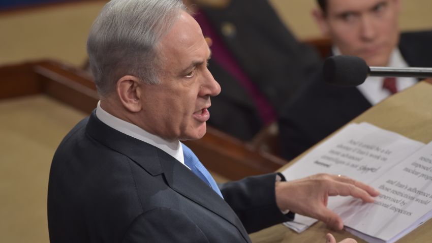 Israeli Prime Minister Benjamin Netanyahu addresses a joint meeting of the US Congress at the Capitol in Washington, DC, on March 3, 2015. AFP PHOTO/NICHOLAS KAMM (Photo credit should read NICHOLAS KAMM/AFP/Getty Images)