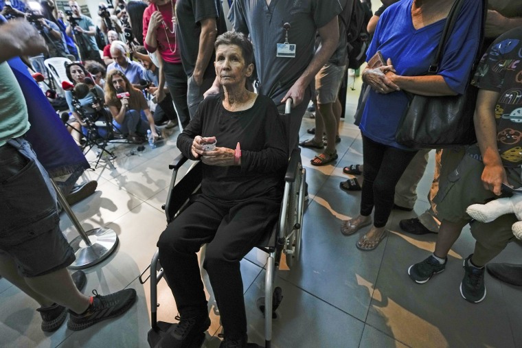 Yocheved Lifshitz, 85, speaks to members of the media in Tel Aviv on Oct. 24, a day after being released by Hamas militants. 