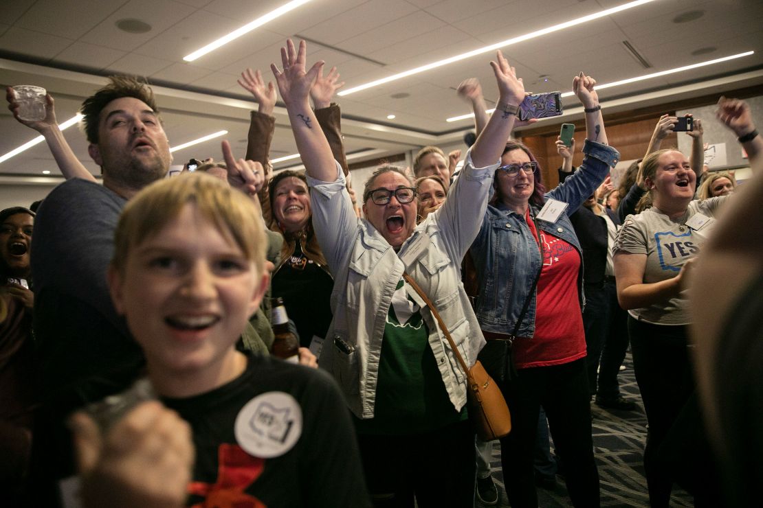 People react after Issue 1 passes, which establishes a constitutional right to abortion in Ohio, during an election night watch party at Ohioans United for Reproductive Rights headquarters in Columbus, Ohio on Tuesday, Nov. 7, 2023. (Maddie McGarvey/The New York Times)
