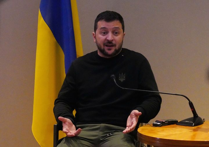 President of Ukraine Volodymyr Zelensky talks to the press, in Buenos Aires Argentina, on December 10, 2023. Volodymyr Zelensky attended the inauguration of Argentine President Javier Milei. (Photo by Mariano Sanchez/Anadolu via Getty Images)
