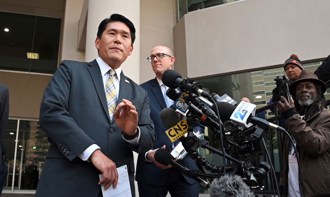 In this 2019 photo, US Attorney Robert Hur speaks to the press after former Baltimore mayor Catherine Pugh pleaded guilty to conspiracy and tax evasion in the 