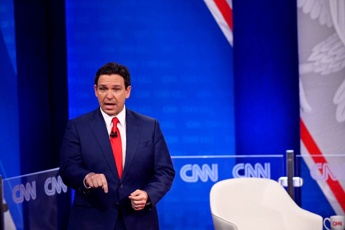 Florida Gov. Ron DeSantis participates in a CNN town hall in Des Moines, Iowa, on December 12, 2023.