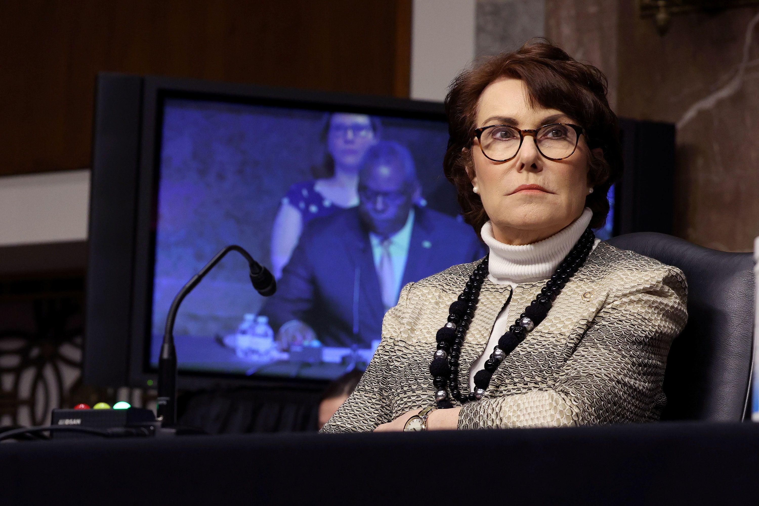 WASHINGTON, DC - JUNE 10: Sen. Jacky Rosen (R-NV) listens during a Senate Armed Services Committee hearing on Capitol Hill on June 10, 2021 in Washington, DC. The hearing was held to discuss the Defense Department's Fiscal Year 2022 budget proposal. (Photo by Anna Moneymaker/Getty Images)
