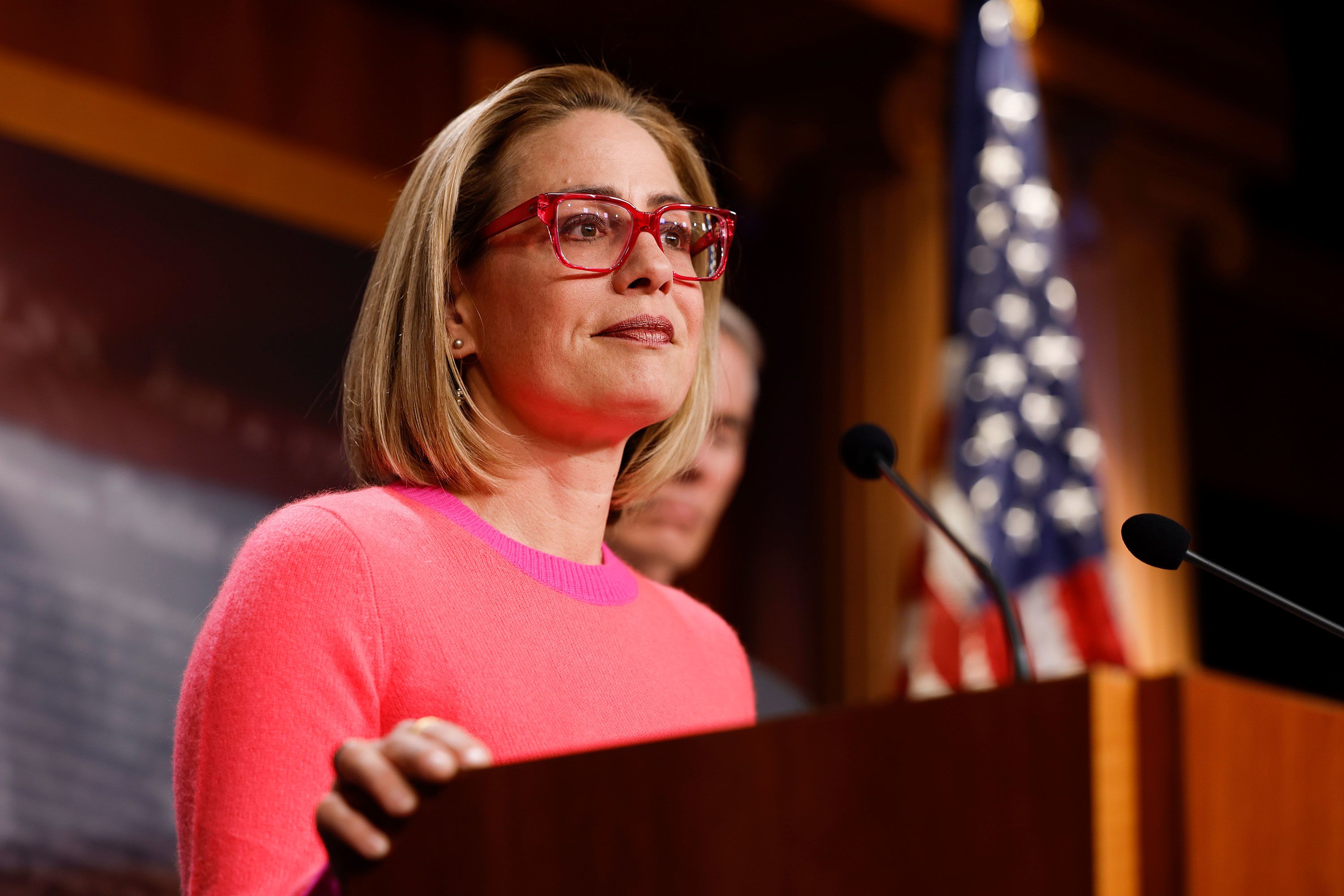 WASHINGTON, DC - NOVEMBER 29: U.S. Sen. Kyrsten Sinema (D-AZ) speaks at a news conference after the Senate passed the Respect for Marriage Act at the Capitol Building on November 29, 2022 in Washington, DC. In a 61-36 vote, the measure would provide federal recognition and protection for same-sex and interracial marriages. (Photo by Anna Moneymaker/Getty Images)