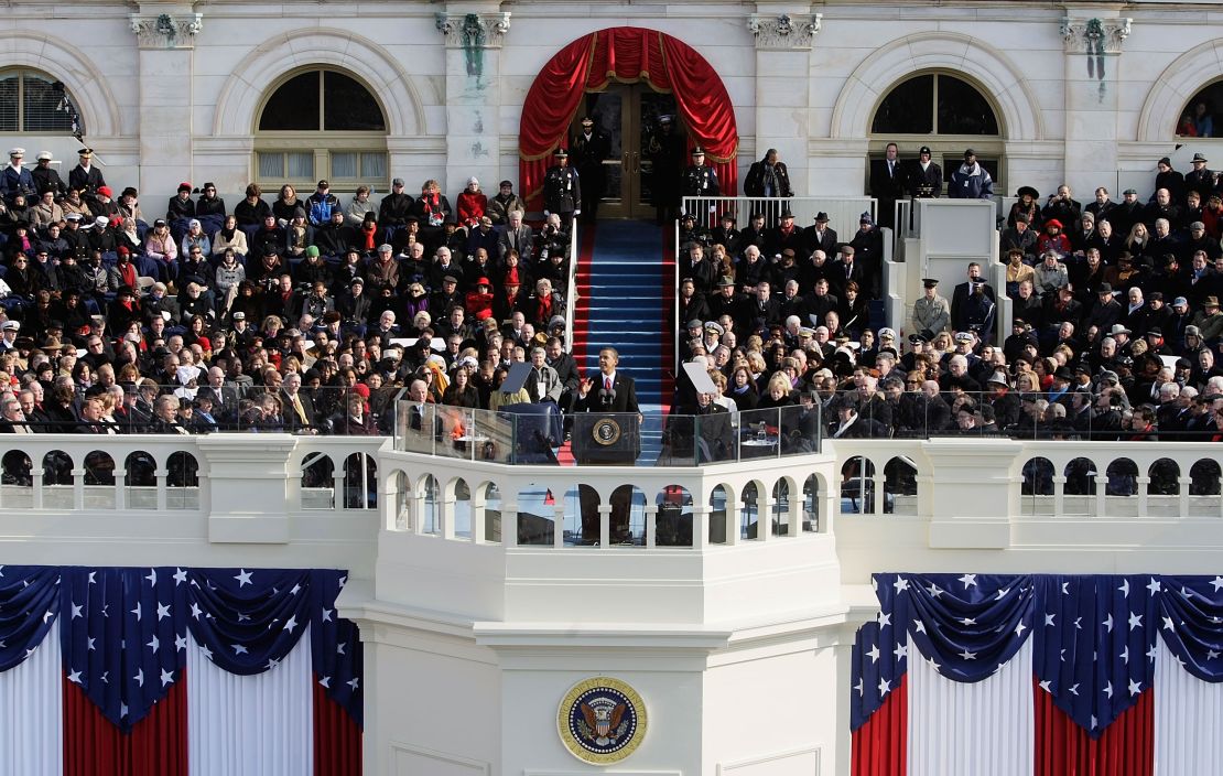 WASHINGTON - JANUARY 20: U.S President Barack Obama gives his inaugural address during his inauguration as the 44th President of the United States of America on the West Front of the Capitol January 20, 2009 in Washington, DC. Obama becomes the first African-American to be elected to the office of President in the history of the United States. (Photo by Alex Wong/Getty Images)