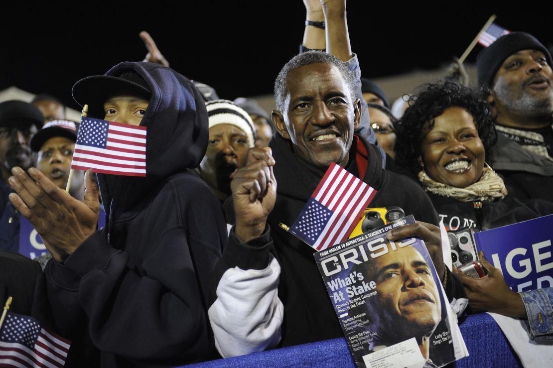 US Democratic presidential candidate Illinois Senator Barack Obama supporters at a rally at Harbor Park in Norfolk, Virginia, October 28, 2008. AFP PHOTO/Emmanuel Dunand (Photo credit should read EMMANUEL DUNAND/AFP via Getty Images)