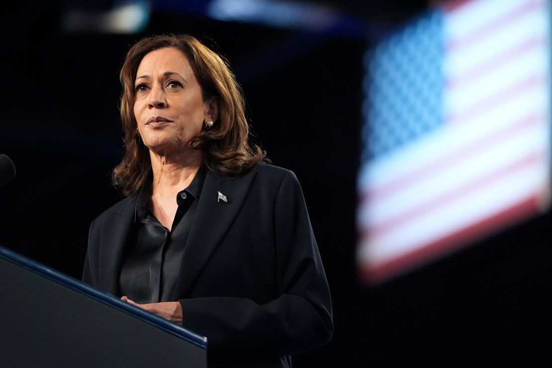 Vice President Kamala Harris speaks during a rally at the Dort Financial Center in Flint, Michigan, on October 4, 2024.