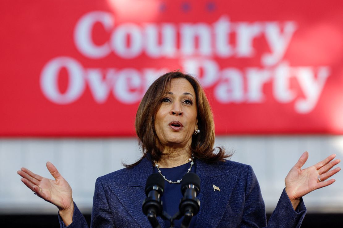 Vice President Kamala Harris speaks at a campaign event in Washington Crossing, Pennsylvania, on October 16, 2024.