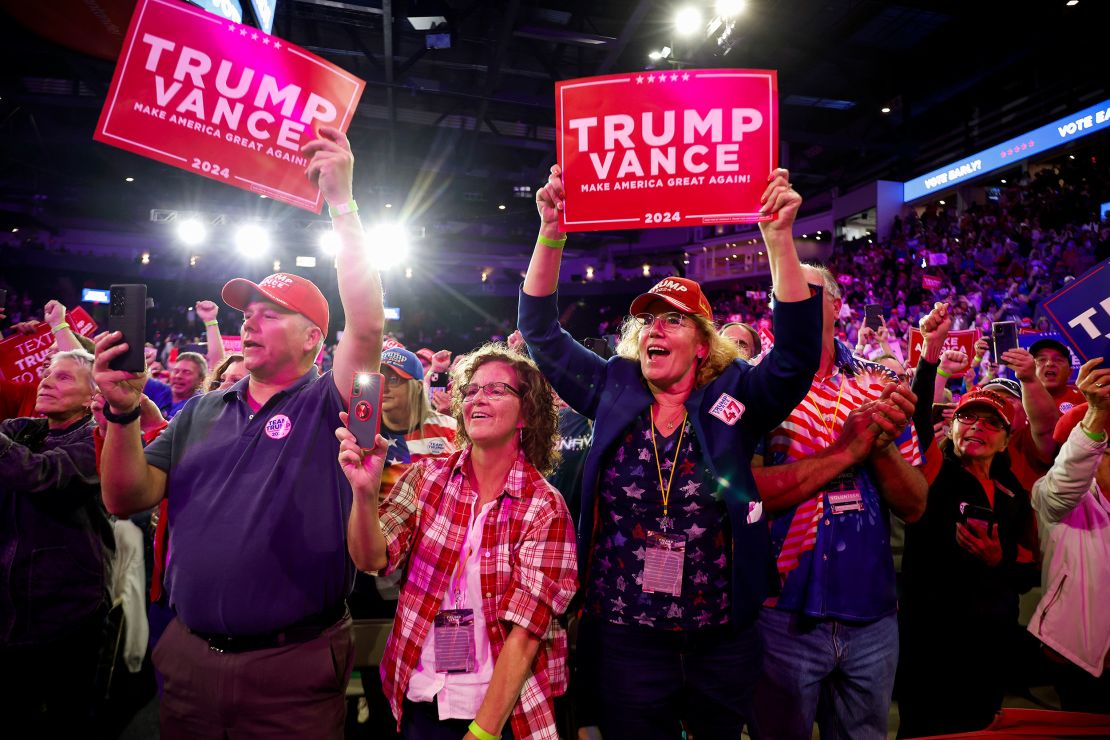 Supporters of former President Donald Trump cheer during a campaign rally on October 9, 2024, in Reading, Pennsylvania.