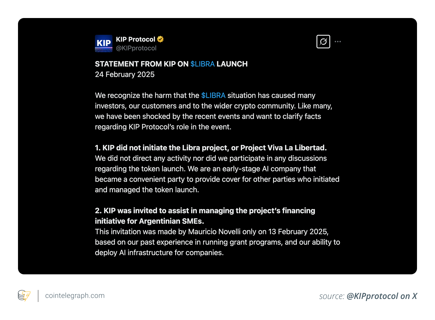 KIP Protocol denied any involvement in the launch of LIBRA KIP Protocol denied any involvement in the launch of LIBRA