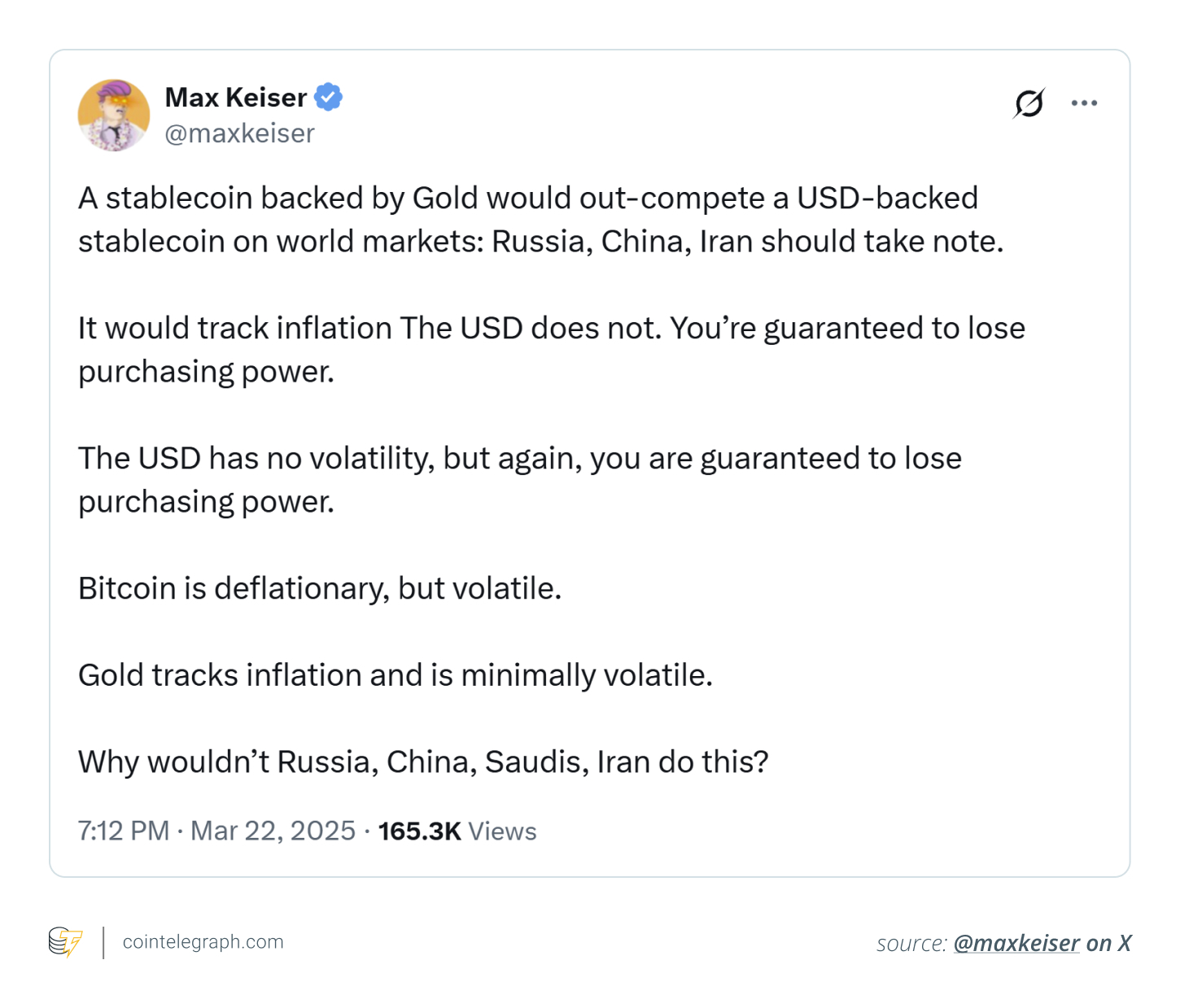 Keiser says a gold-backed stablecoin might outcompete a USD-backed stablecoin