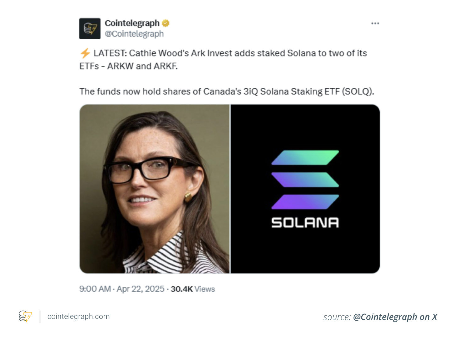 Cathie Wood's ARK Invest adds staked Solana to two of its ETFs - ARKW and ARKF Cathie Wood's ARK Invest adds staked Solana to two of its ETFs - ARKW and ARKF