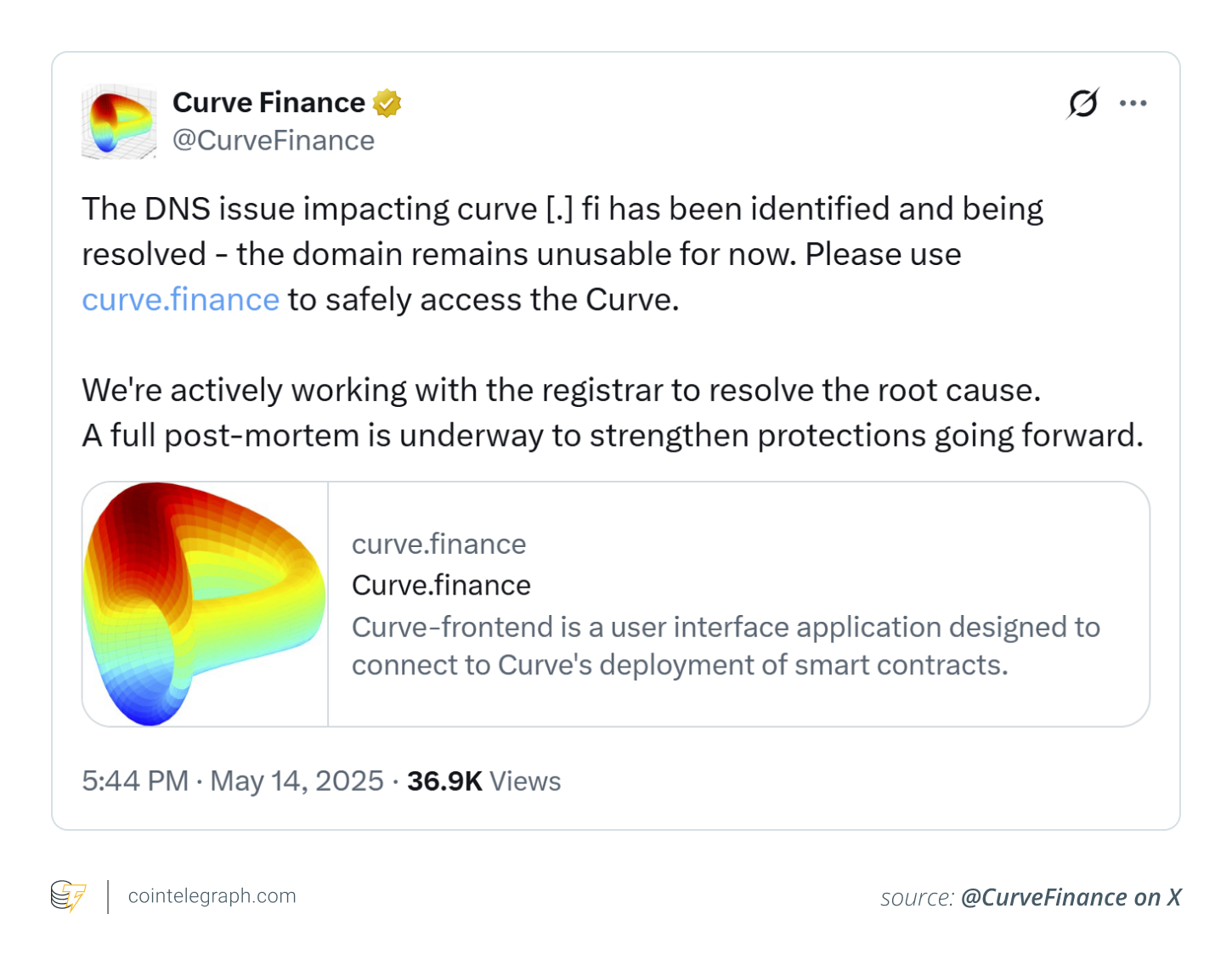 Curve Finance took immediate remedial steps to deal with DNS hijacking