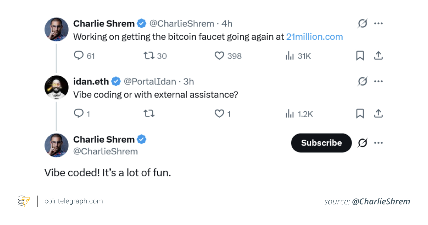 Charlie Shrem on vibe coding Bitcoin faucet