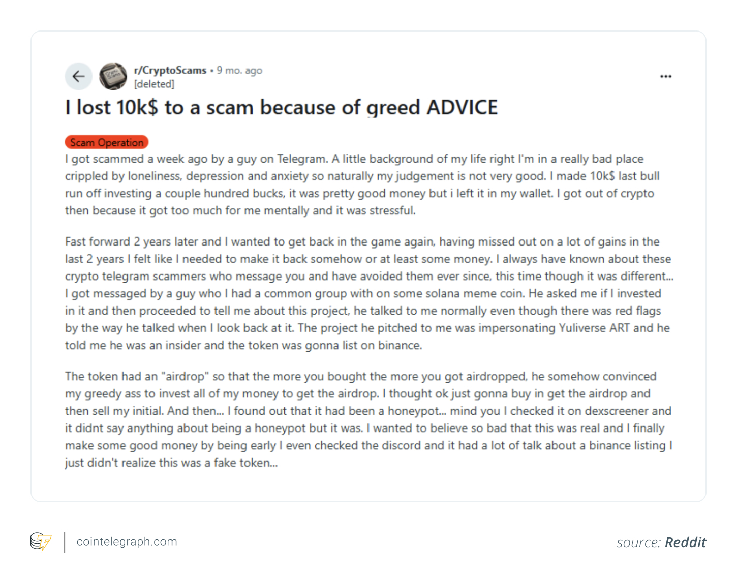 A reddit user lost crypto because of greed