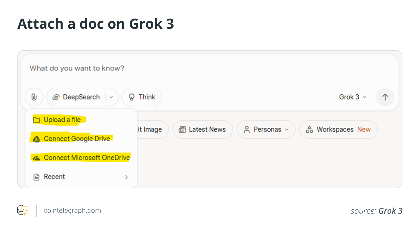 Attach a doc from your local drive, Google Drive, Microsoft Drive on Grok 3