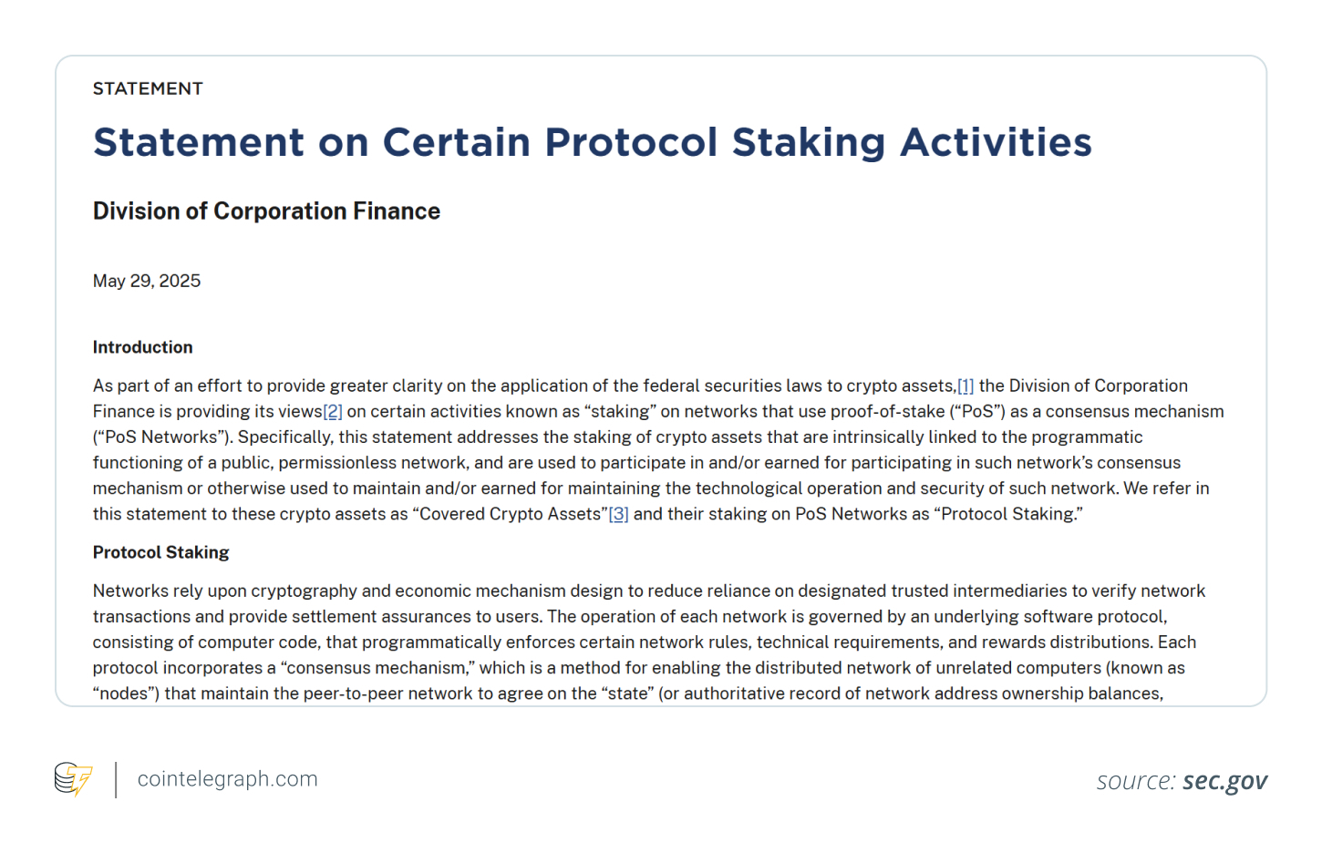 SEC statement on certain  protocol staking activities