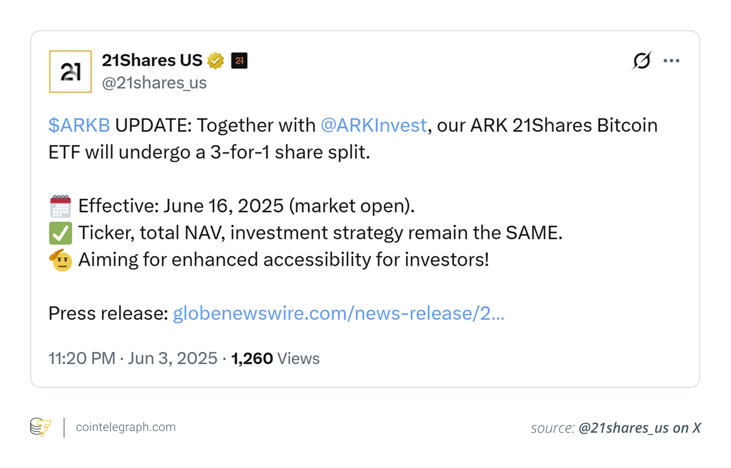 X announcement for ARK 21Shares Bitcoin ETF (ARKB) with 3-for-1 share split X announcement for ARK 21Shares Bitcoin ETF (ARKB) with 3-for-1 share split
