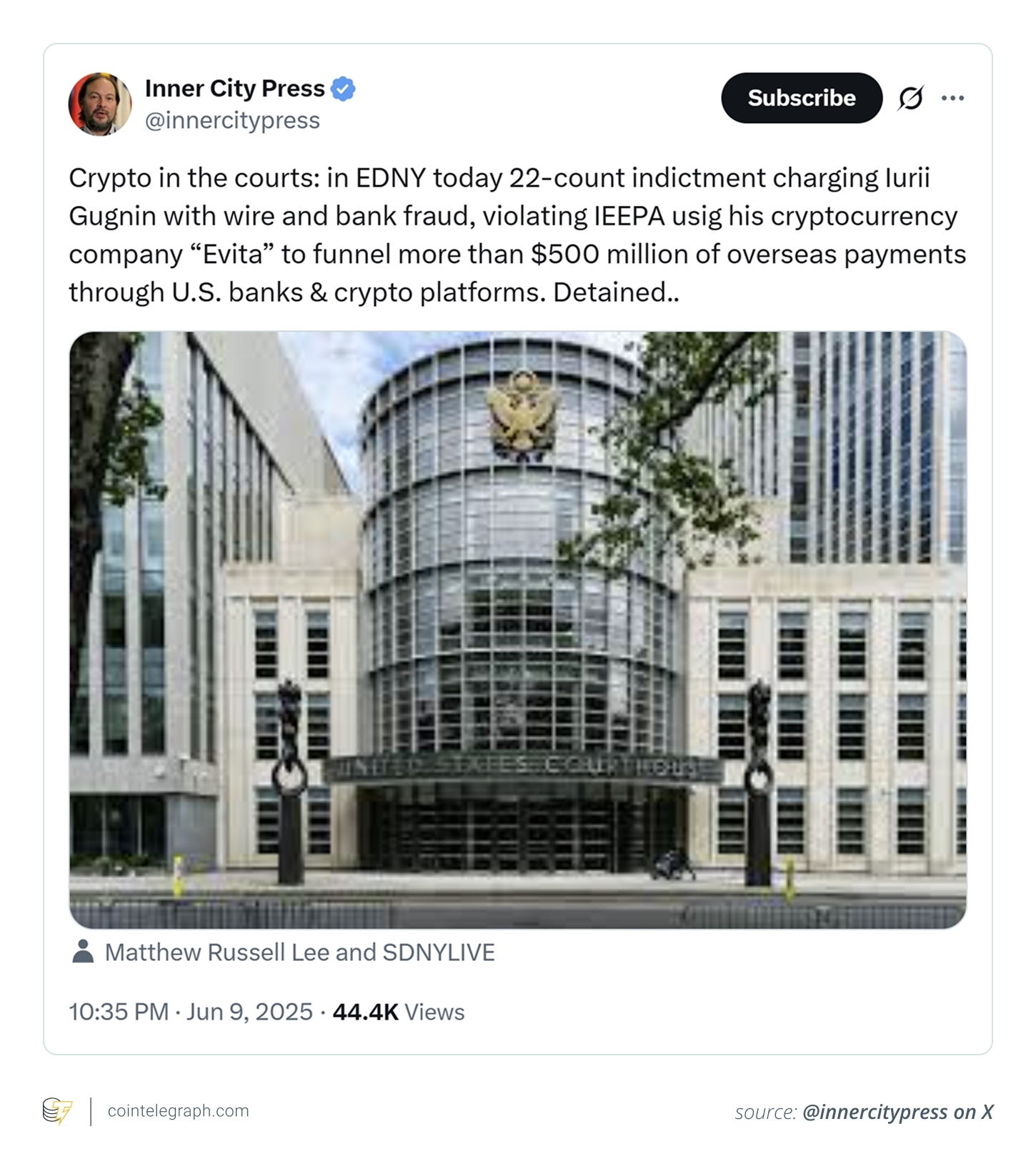 Gugnin charged with 22-count indictment in the Eastern District of New York (EDNY) court